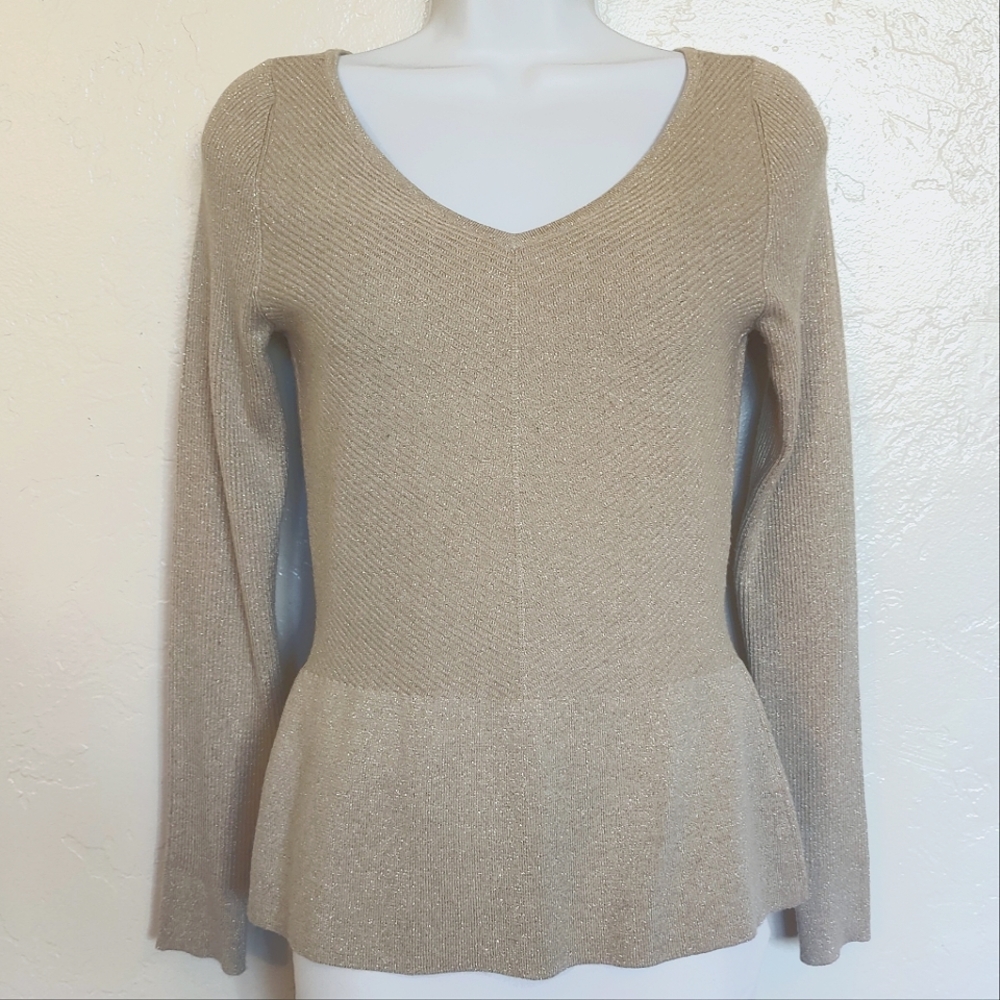 White House Black Market long sleeve gold shimmer V-neck sweater. Size S